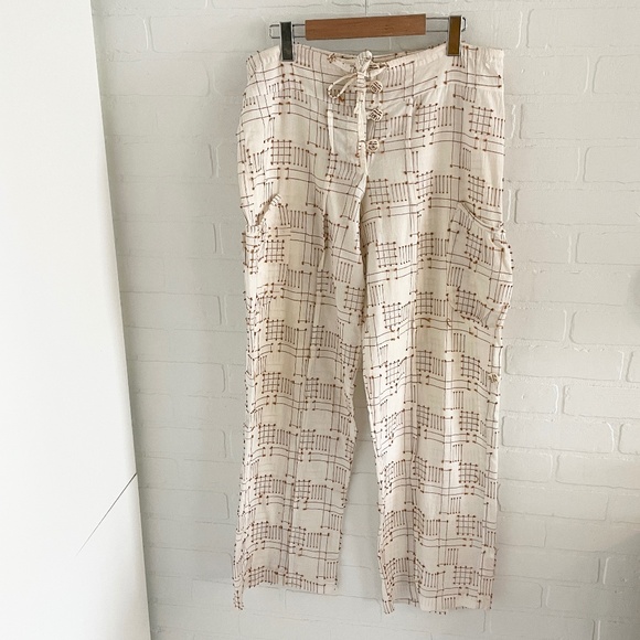 L.A.M.B Wide leg pants cotton linen Embroidered Ecru Caramel Lagenlook pockets L - Picture 1 of 13